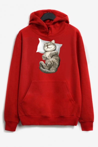 Lovely Cat Printed Long Sleeve Hoodie Sweatshirt With Pocket