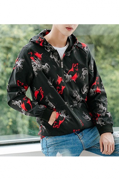 Men's Casual Camouflage Print Long Sleeve Zip Closure Fitted Hooded Jacket