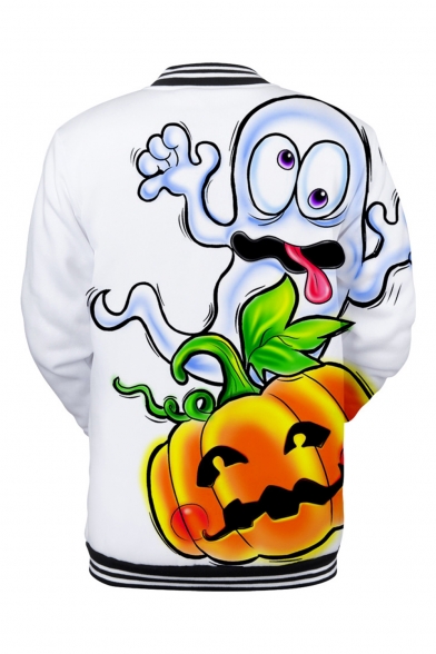 Men's Funny Halloween Pumpkin Print Rib Stand Collar Long Sleeve Button Down White Baseball Jacket