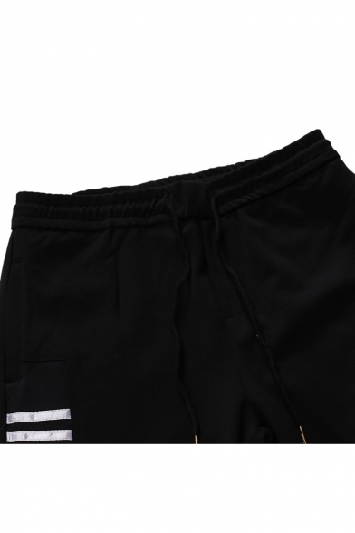 Men's Hot Fashion Four Bars Stripe Pattern Black Drawstring Waist Sports Sweatpants