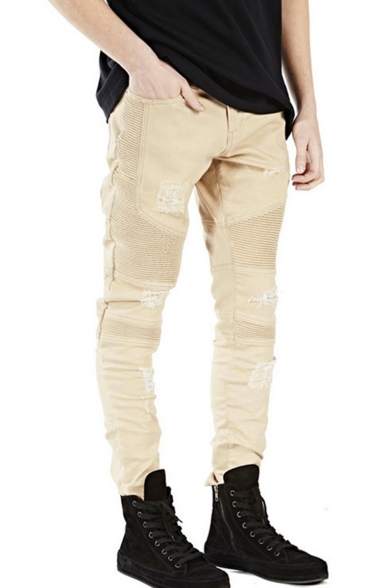 Men's Hot Fashion Simple Plain Cool Pleated Patched Khaki Frayed Ripped Biker Jeans
