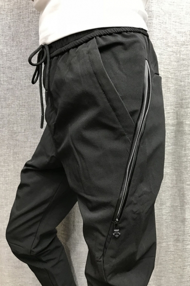 Men's New Fashion Solid Color Zip Embellished Drawstring Waist Black Casual Pencil Pants