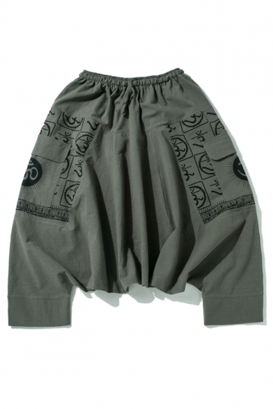 Men's New Fashion Unique Printed Loose Fit Casual Cropped Drop-Crotch Linen Harem Pants
