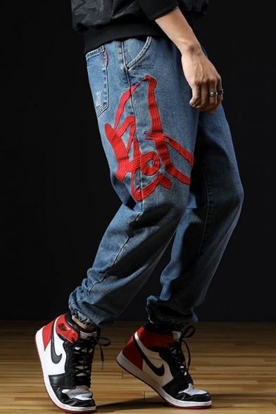 Men's New Trendy Chinese Letter Embroidered Loose Fit Tapered Ripped Jeans