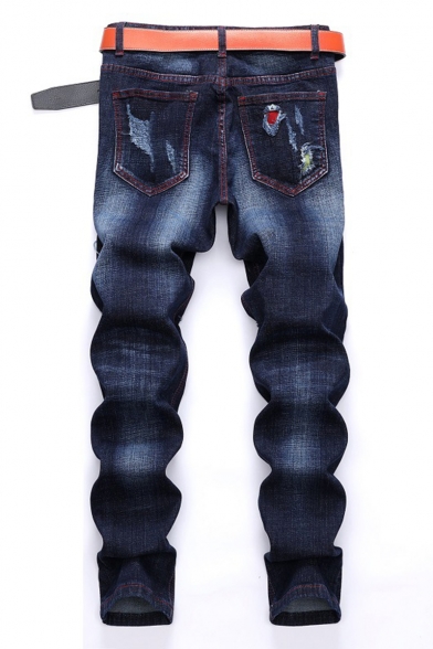 Men's Popular Fashion Contrast Patched Pleated Detail Dark Blue Regular Fit Frayed Ripped Jeans