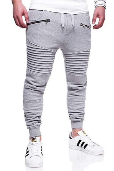 Men's Popular Fashion Pleated Patched Zip Embellished Drawstring Waist Slim Fitness Pencil Pants