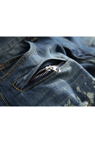 Men's Popular Fashion Zipper Embellished Cool Knee Pleated Vintage Blue Frayed Ripped Biker Jeans