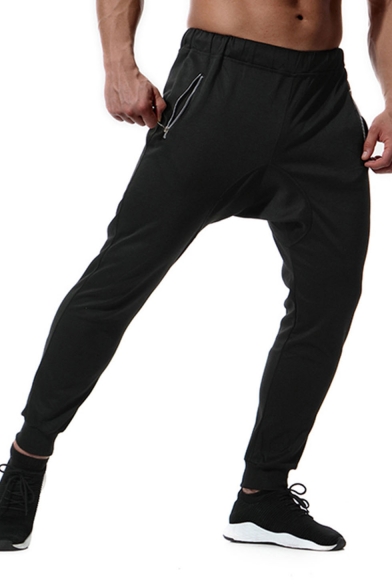 Men's Simple Fashion Basic Plain Zipped Pocket Black Casual Relaxed Jogging Sweatpants