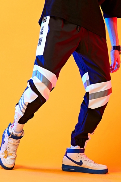 Men's Street Style Cool Fashion Colorblock Stripe Letter Printed Loose Fit Elastic Cuffs Reflective Track Pants