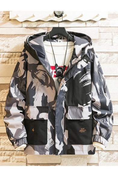 Mens Cool Fashion Camo Pattern Long Sleeve Zip Up Hooded Sport Workwear Jacket Coat