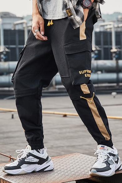 Mens Trendy Letter Printed Colorblack Patched Side Drawstring Waist Elastic Cuffs Casual Sports Cargo Pants