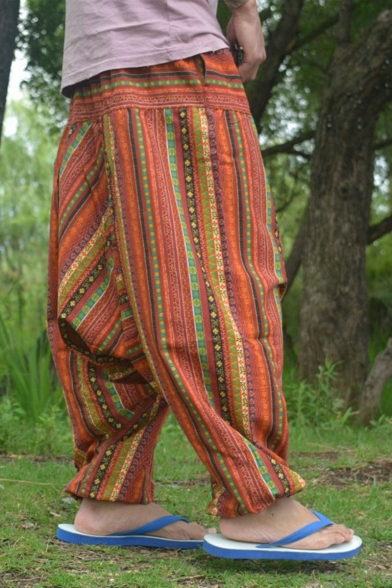 National Style Printed Baggy Drop-Crotch Linen Harem Pants for Men