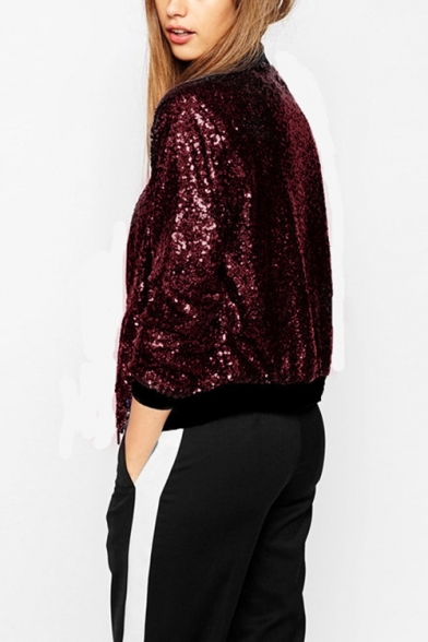 New Arrival Stand Up Collar Zip Up Regular Fit Sequined Baseball Jacket