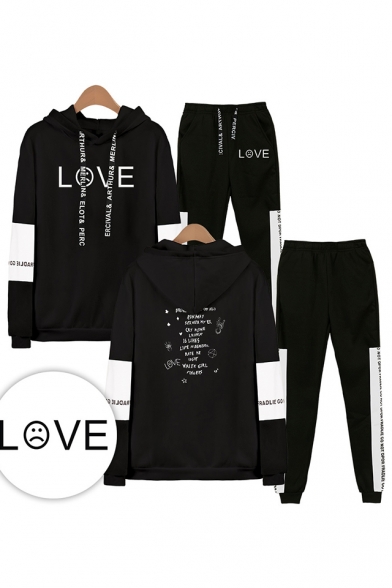 

New Cool Letters LOVE Print Sport Long Sleeve Loose Hoodie with Elastic Sweatpants Two Piece Set, LM556321, Black;white;gray;navy