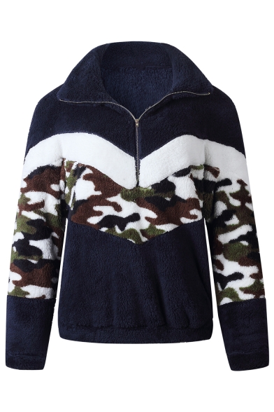 New Fashion Camouflage Print Half-Zip Stand Collar Long Sleeves Color Block Fluffy Teddy Sweatshirt