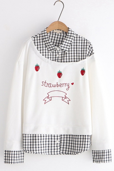 New Fashion Strawberry Letter Embroidered Patchwork Plaid Lapel Two-Piece Button decoration Long Sleeve Pullover Sweatshirt