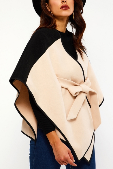 New Fashion V-Neck Colorblocked Tied Belt Wool-Blend Asymmetric Cloak Cape for Women