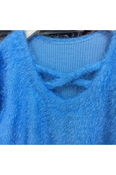 New Fashion V-Neck Long Sleeve Plain Mohair Fluffy Teddy Sweatshirt