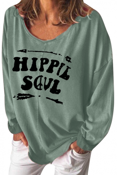 New Leisure HIPPIE SOUL Letter Printed V Neck Long Sleeve Loose Sweatshirt