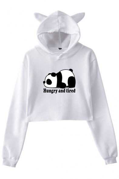 New Popular Letter Hungry And Tired Cute panda Print Cat Ear Cropped Casual Hoodie