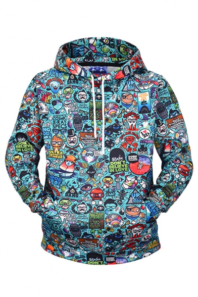 New Stylish Cartoon All-over Printed Long Sleeve Blue Casual Loose Drawstring Hoodie