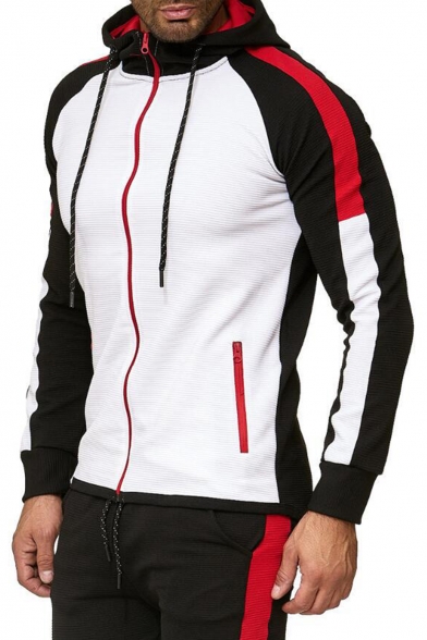 New Stylish Colorblock Patched Drawstring Hooded Long Sleeve Slim Fitted Casual Sports Zip Up Hoodie for Men