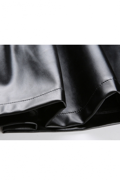 New Stylish High-Rise Lace-Up Waist Zip Back Studded PU Black Plain Flared Mini Skirt