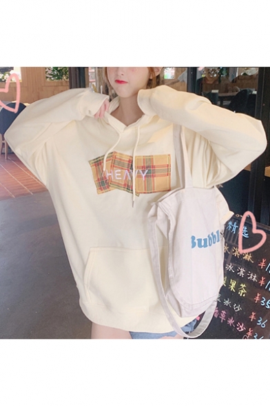New Stylish Letter Embroidered Long Sleeve Pocket Pullover Drawstring Hoodie