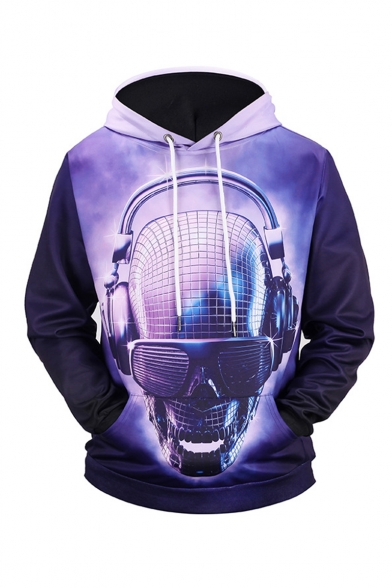 New Stylish Music Skull 3D Printed Long Sleeve Purple Drawstring Pullover Hoodie with Pocket
