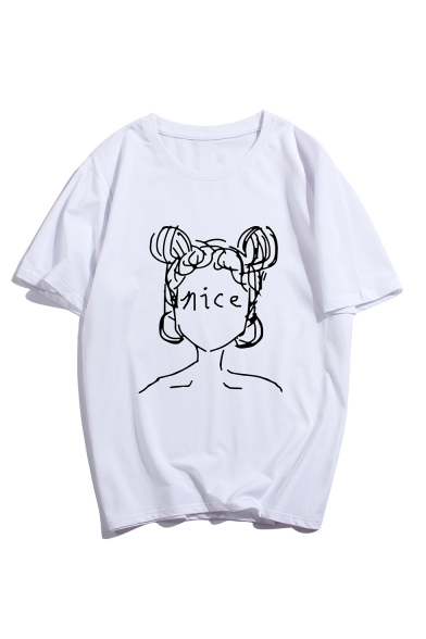 New Stylish NICE Letter Comic Girl Printed Round Neck Short Sleeve Cotton Tee