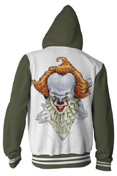 New Stylish Popular Clown 3D Printed Colorblock Long Sleeve Green and White Zip Up Hoodie