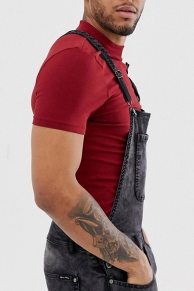New Stylish Simple Plain Grey Washed Skinny Jeans Bib Overalls for Men
