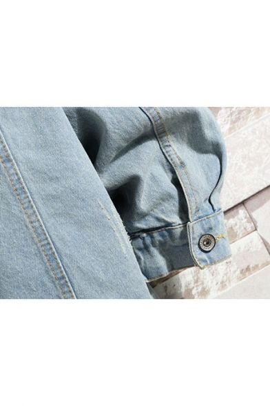 New Stylish Ukiyo-e Crane Embroidery Print Back Long Sleeve Light Blue Denim Jacket for Guys