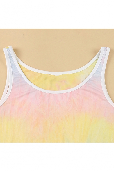 Normal Ombre Sleeveless Round Neck Crop Tank with Sports Shorts Two-piece Set for Women
