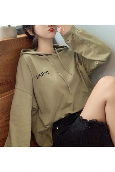 PARALL Letter Print Long Sleeve Drawstring Loose Pullover Hoodie With Pocket