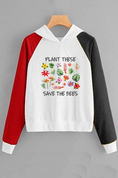 PLANT THESE SAVE THE BEES Letter Plant Printed Long Sleeve Color Block Pullover Hoodie