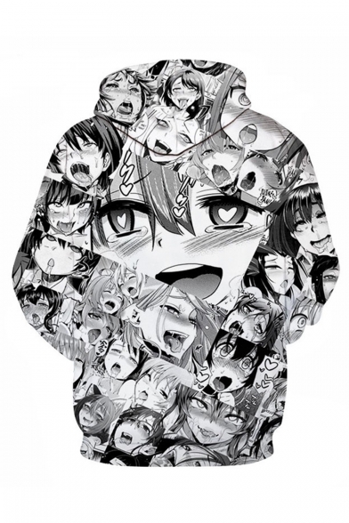 Popular Ahegao Cartoon Comic Manga Faces 3D Printed Black and White Long Sleeves Round Neck Pullover Hoodie