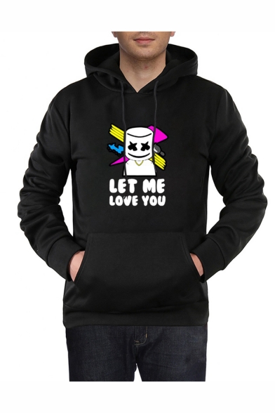 Popular DJ LET ME LOVE YOU Letter Printed Long Sleeve Black Casual Pullover Hoodie with Pocket