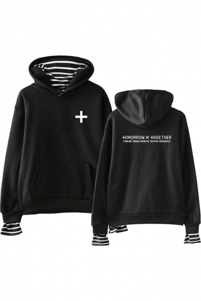 Popular TXT Simple Letter Logo Print Striped Fake Two-Piece Loose Hoodie