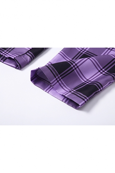 Purple Plaid Pattern Notched Lapel Collar Ribbon Embellished Cropped Blazer Jacket
