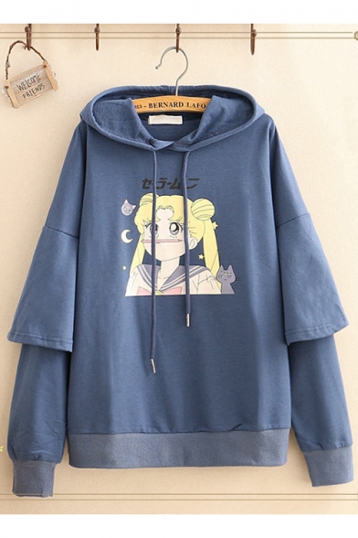 Sailor Moon Comic Girl Printed Layered Patch Long Sleeve Fitted Drawstring Hoodie