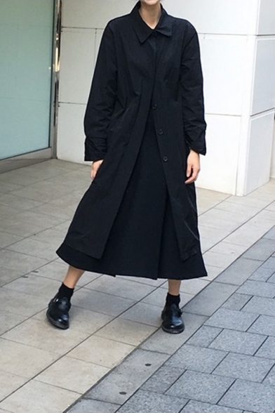 Simple Lapel Collar Single Breasted Black Thin Long Trench Coat with Pockets