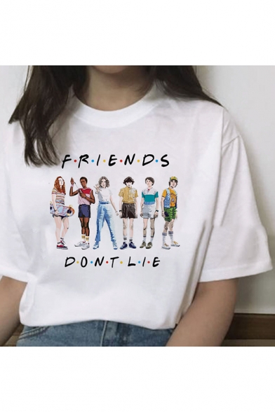 

Cartoon Figure Printed Round Neck Short Sleeve White Tee, Color 1;color 2;color 3;color 4;color 5;color 6;color 7, LC558372