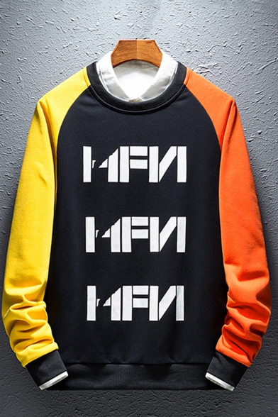 Street Trendy Letter MEN Printed Colorblocked Long Sleeve Casual Sports Round Neck Pullover Sweatshirts