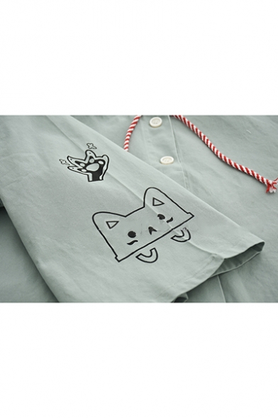 Students Cute Cartoon Cat Printed Loose Casual Hooded Jacket Coat