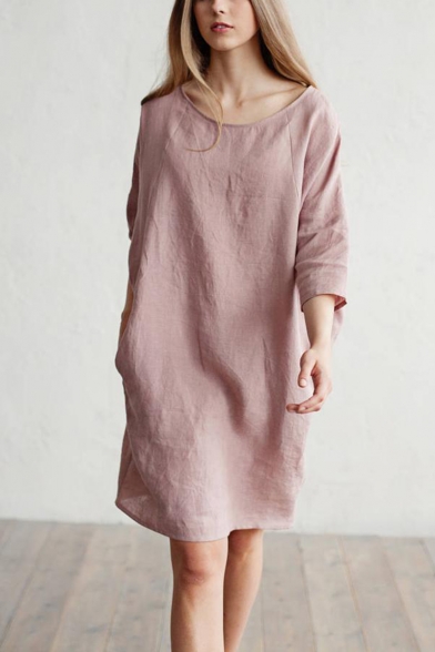 Stylish Solid Color Pink Three-Quarter Sleeve Loose Leisure Midi Linen Dress