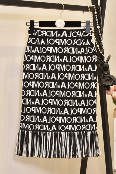 Stylish Womens Black High Waist Tassel Hem Letter Printed Slim Fit Stretch Midi Knitted Skirt
