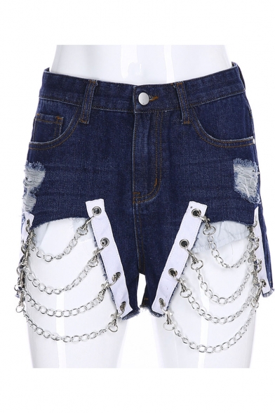 Summer Cool Special Blue High Waist Cutout Ripped Chain Eyelet Embellished Sexy Denim Shorts