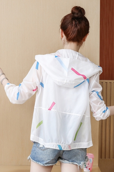 Summer Colorful Lines Pattern Printed Hooded Zipper Loose Thin Skin Coat with Pockets