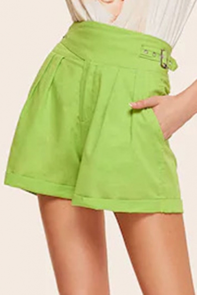 Summer Hot Stylish Green High Waist Smocked Rolled Hem Eyelet Bucket Embellished Straight Shorts